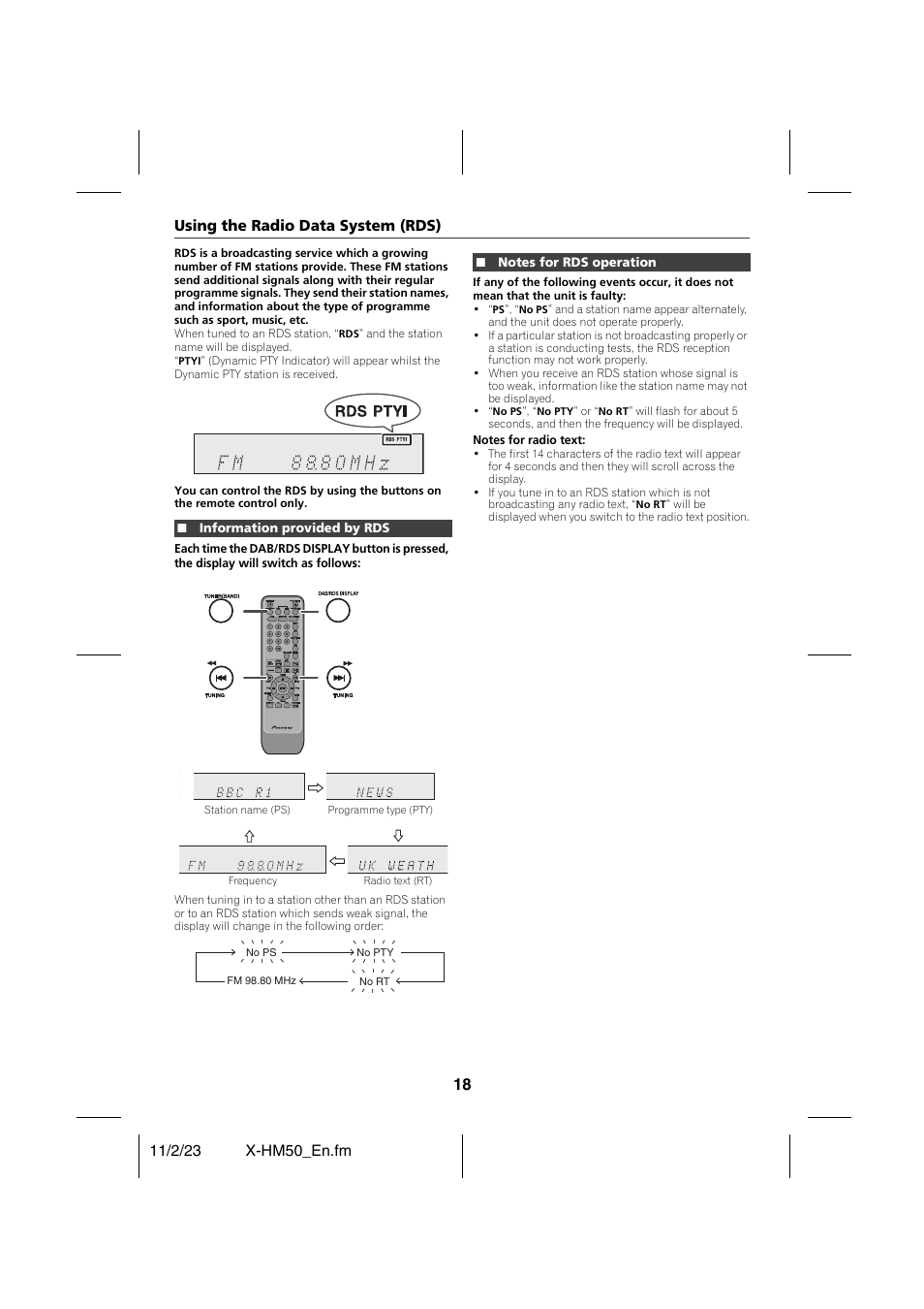 Using the radio data system (rds), Information provided by rds, Notes for rds operation | Using the radio data system (rds) - 19 | Pioneer X-HM50-K User Manual | Page 18 / 28
