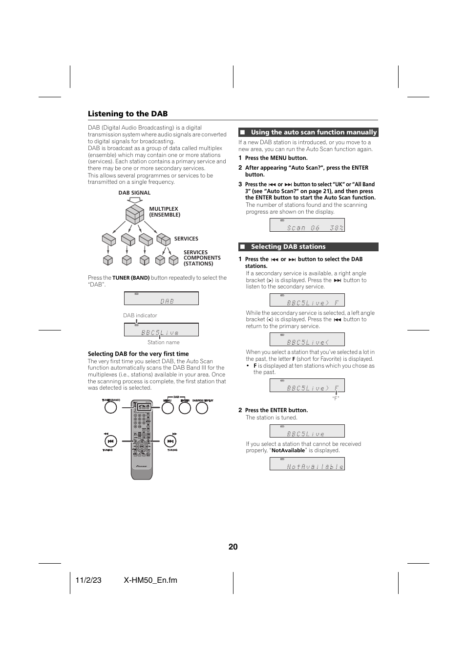 Listening to the dab, Using the auto scan function manually, Selecting dab stations | Listening to the dab - 21 | Pioneer X-HM50-K User Manual | Page 20 / 28