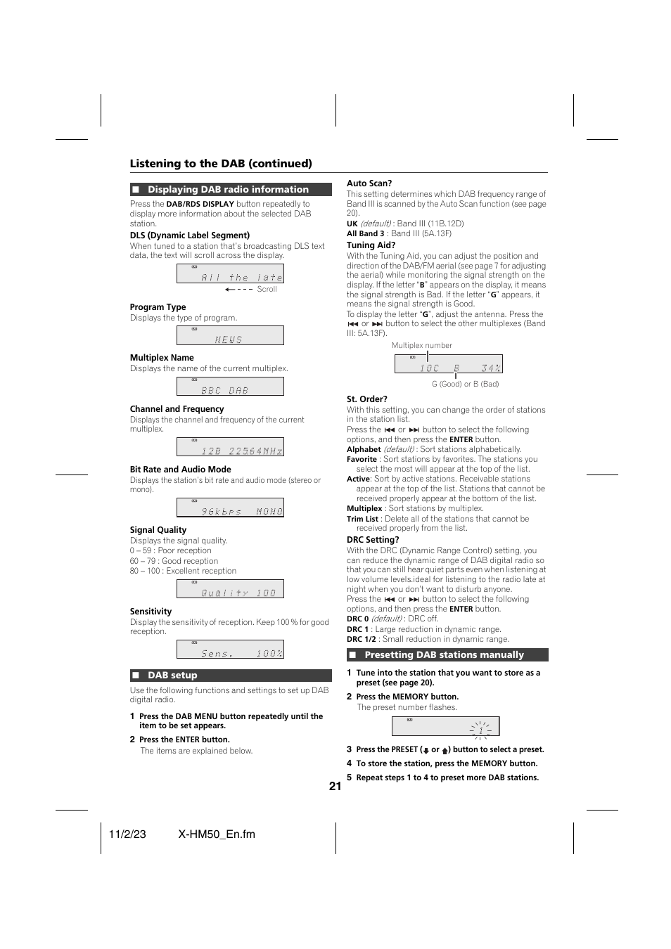 Listening to the dab (continued), Displaying dab radio information, Dab setup | Presetting dab stations manually | Pioneer X-HM50-K User Manual | Page 21 / 28