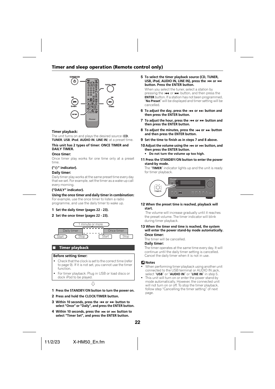 Timer and sleep operation (remote control only), Timer playback, Advanced features | Pioneer X-HM50-K User Manual | Page 22 / 28
