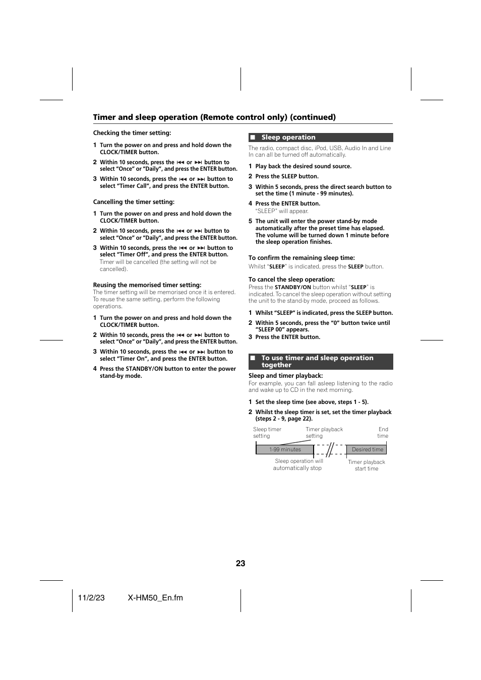 Sleep operation, To use timer and sleep operation together | Pioneer X-HM50-K User Manual | Page 23 / 28