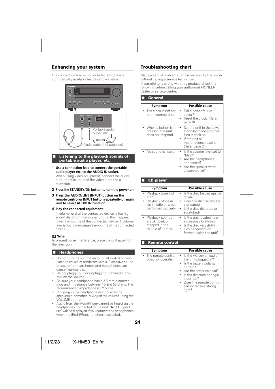 Enhancing your system, Headphones, Troubleshooting chart | General, Cd player, Remote control, References, Troubleshooting chart - 26 | Pioneer X-HM50-K User Manual | Page 24 / 28