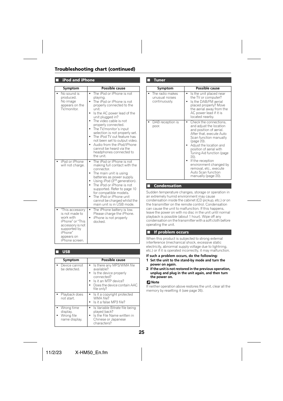 Troubleshooting chart (continued), Ipod and iphone, Tuner | Condensation, If problem occurs | Pioneer X-HM50-K User Manual | Page 25 / 28