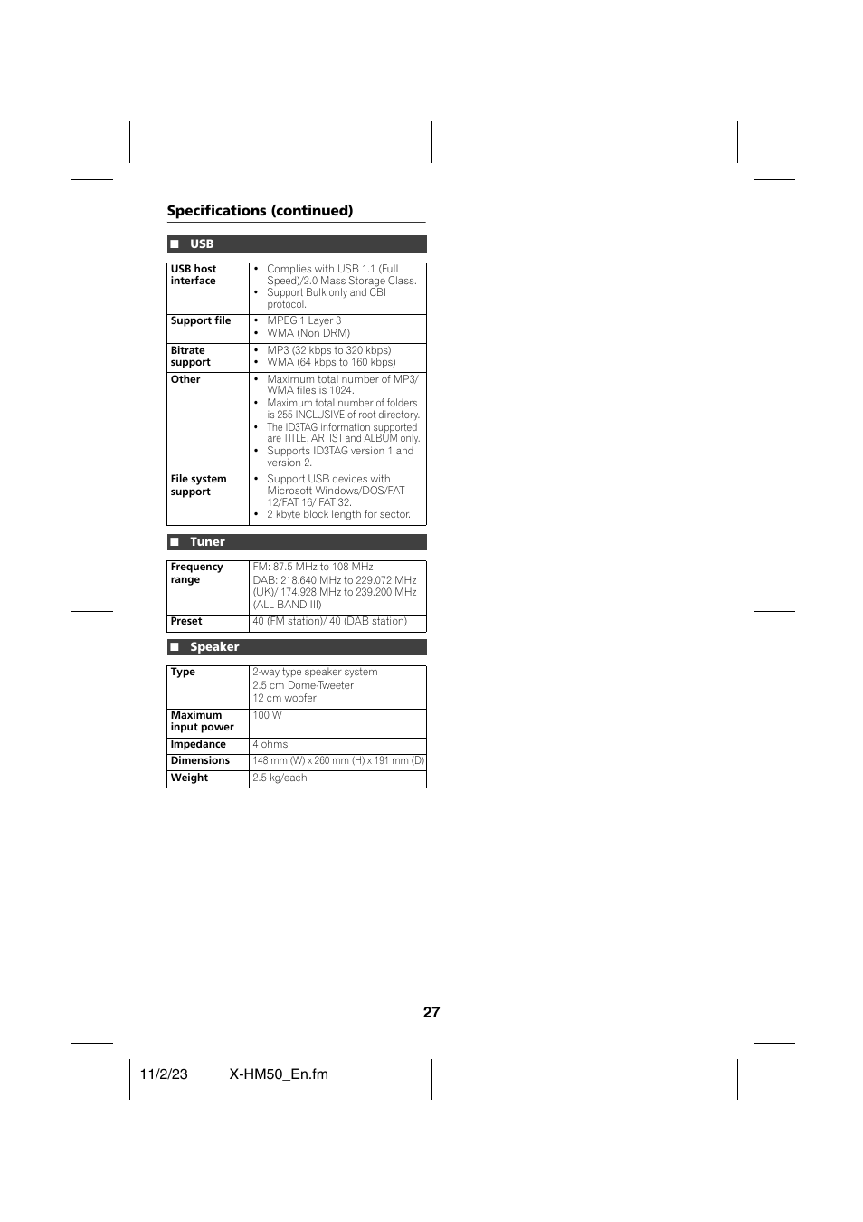 Specifications (continued), Tuner, Speaker | Pioneer X-HM50-K User Manual | Page 27 / 28