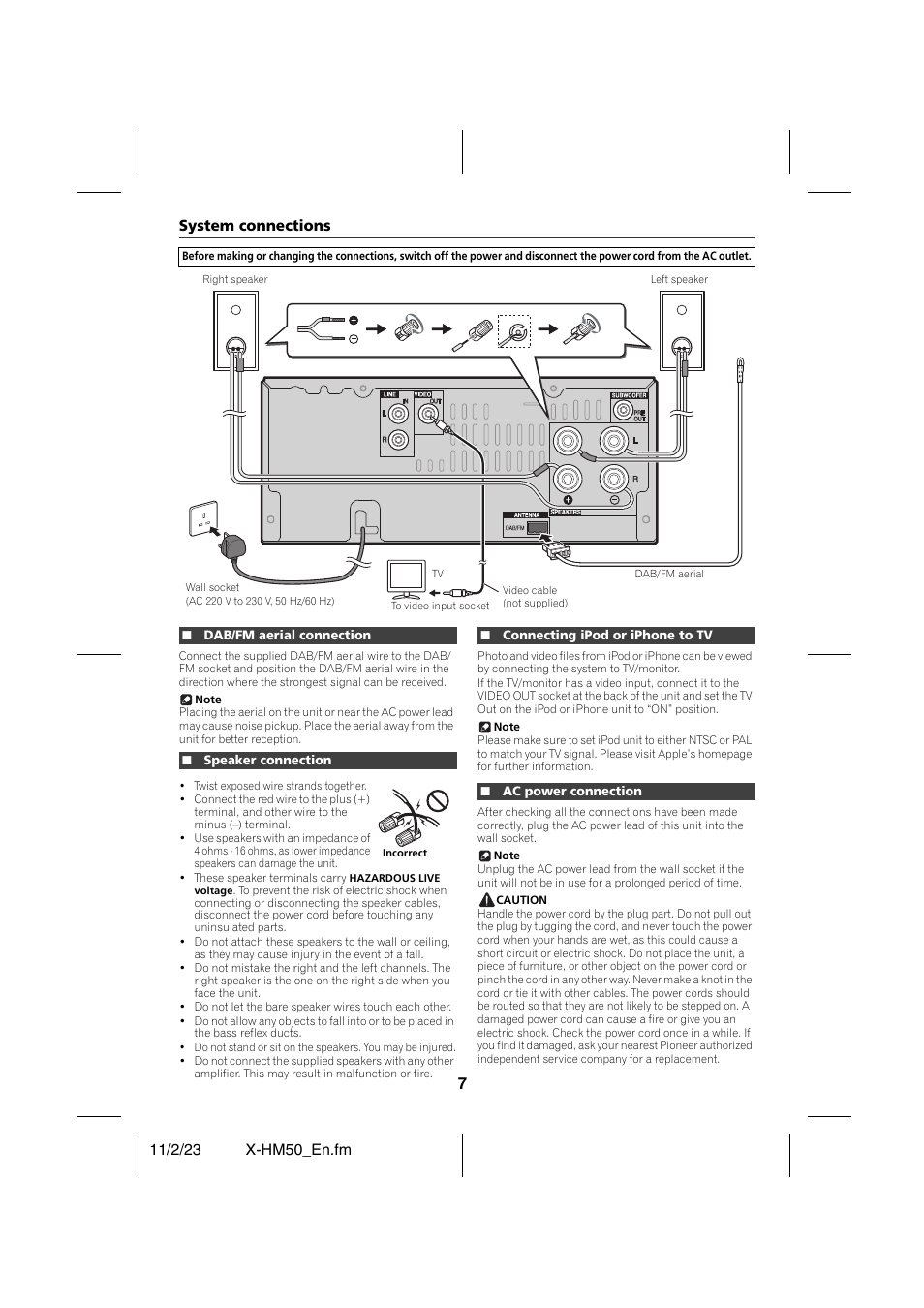 System connections, Dab/fm aerial connection, Speaker connection | Connecting ipod or iphone to tv, Ac power connection, Preparation for use, System connections - 8 | Pioneer X-HM50-K User Manual | Page 7 / 28