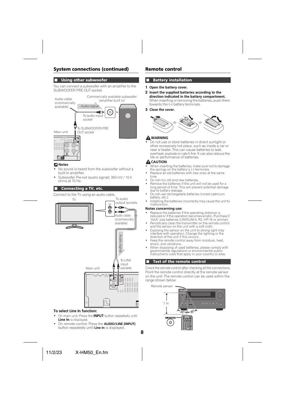 System connections (continued), Using other subwoofer, Connecting a tv, etc | Remote control, Battery installation, Test of the remote control | Pioneer X-HM50-K User Manual | Page 8 / 28