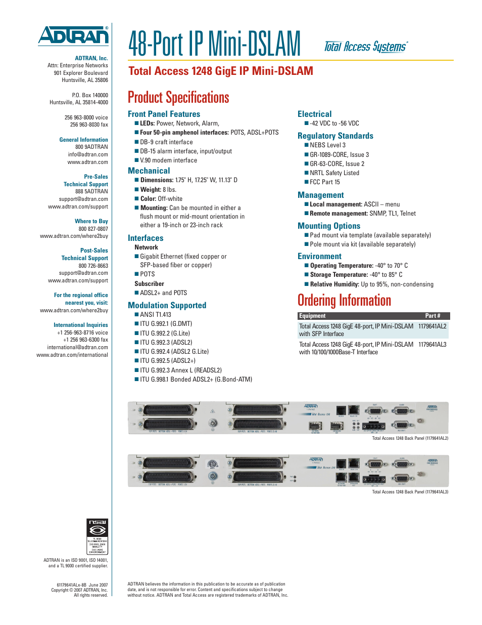 Port ip mini-dslam, Product specifications, Ordering information | Total access 1248 gige ip mini-dslam, Front panel features, Mechanical, Interfaces, Modulation supported, Electrical, Regulatory standards | ADTRAN 48 User Manual | Page 2 / 2
