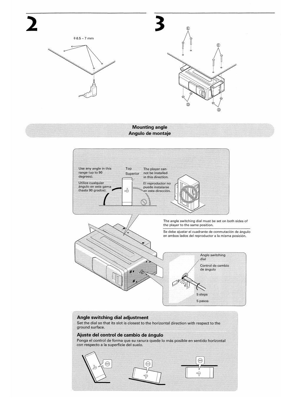 Mounting angle angulo de montaje, Angle switching dial adjustment, Ajuste del control de cambio de ángulo | Pioneer CDX-P2050VS User Manual | Page 13 / 17