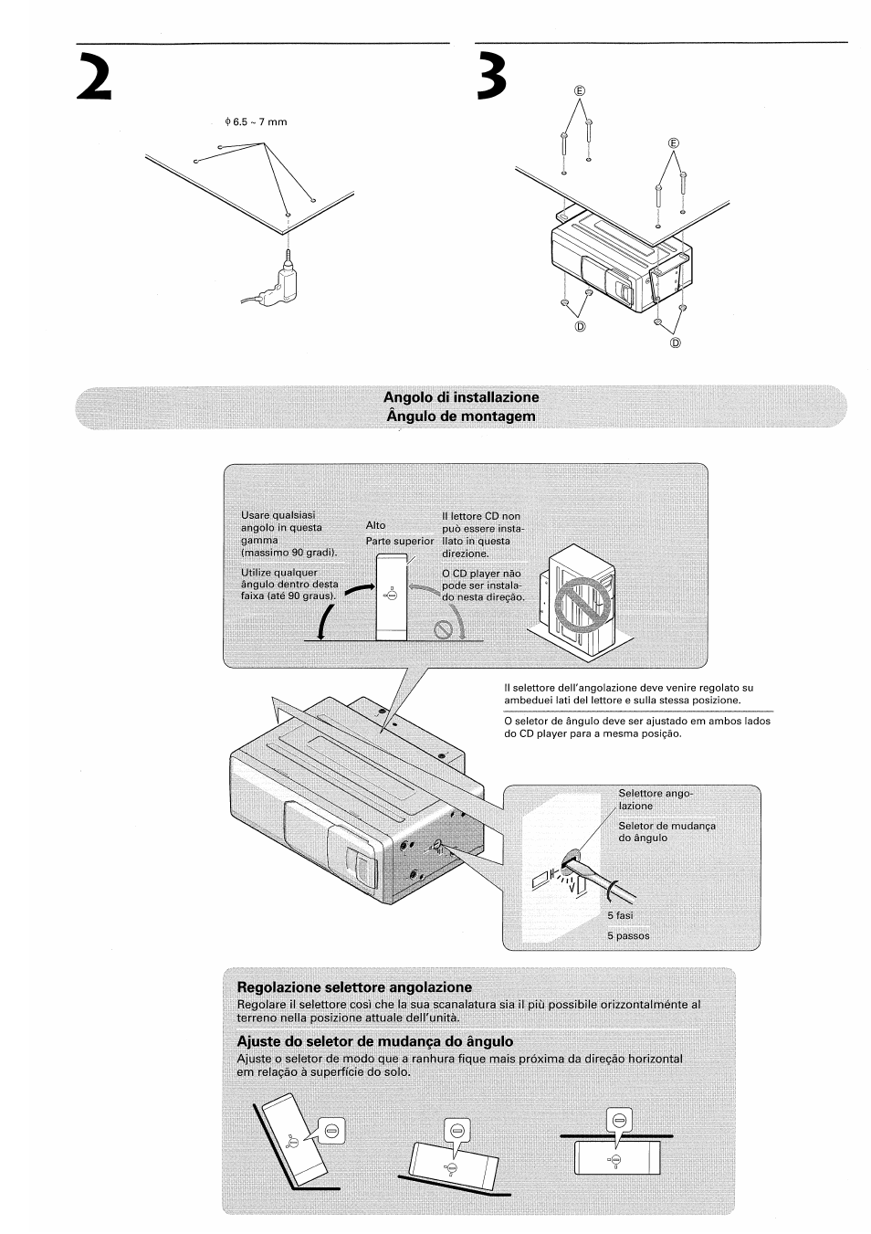 Angolo di installazione ángulo de montagem, Regolazione selettore angolazione, Ajuste do seletor de mudanza do ángulo | Pioneer CDX-P2050VS User Manual | Page 17 / 17