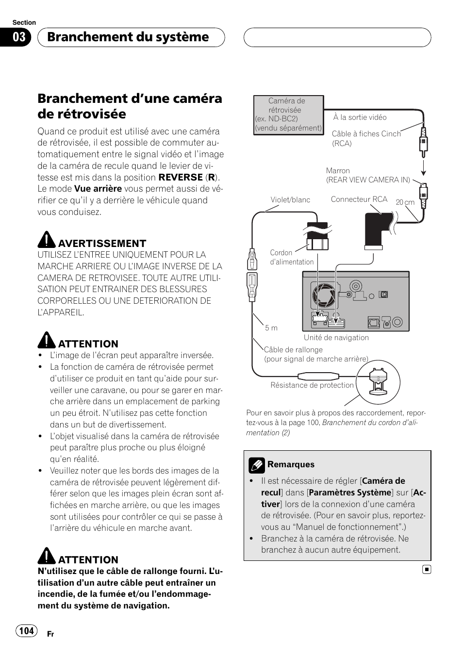 Branchement d, Une caméra de, Rétrovisée | Branchement d ’une caméra de rétrovisée, Branchement du système | Pioneer AVIC F900BT User Manual | Page 104 / 177