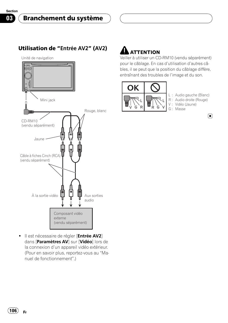 Utilisation de “entrée av2” (av2) 106, Branchement du système, Utilisation de “entrée av2” (av2) | Pioneer AVIC F900BT User Manual | Page 106 / 177