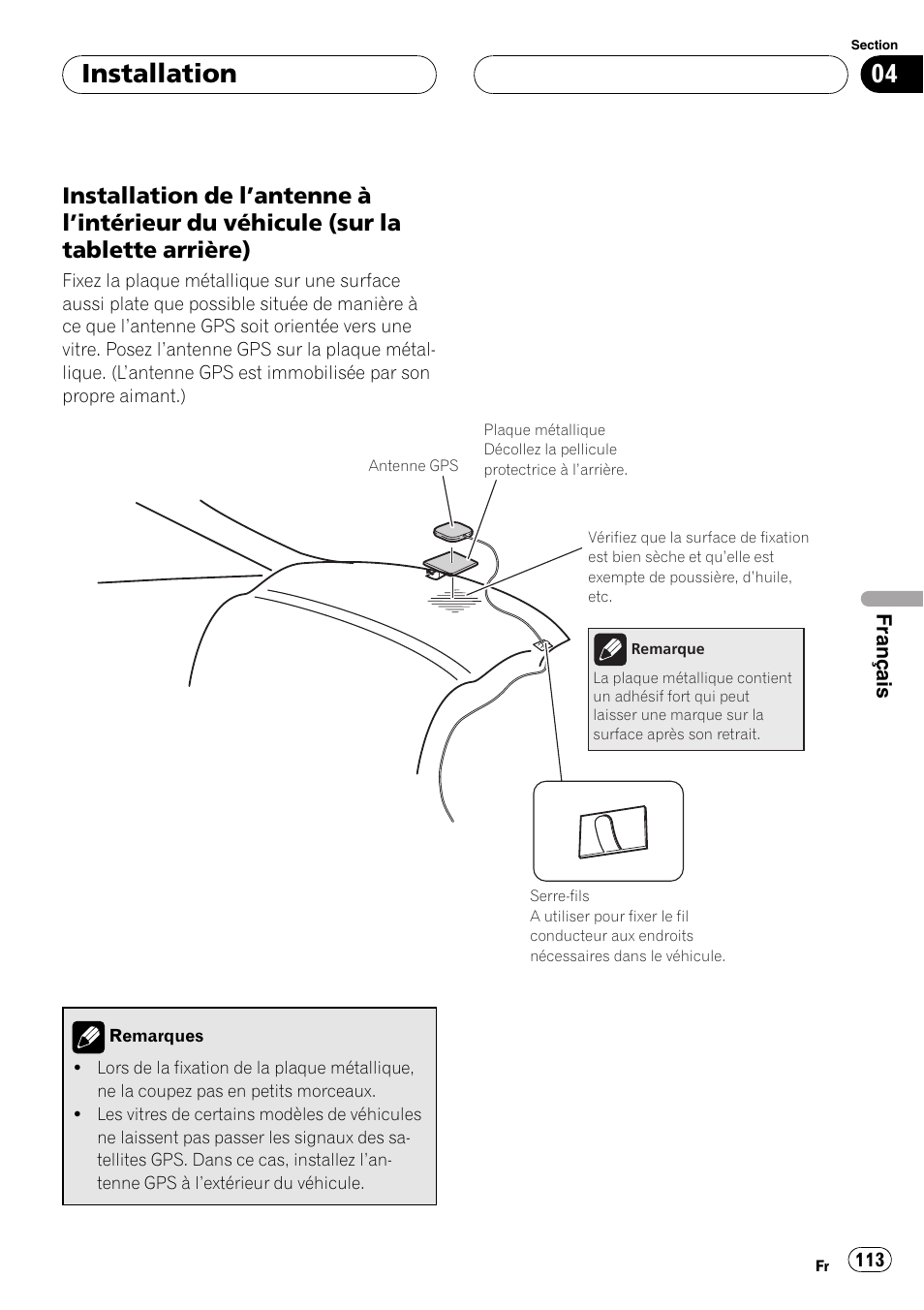 Installation de l’antenne à l’intérieur du, Véhicule (sur la tablette arrière), Installation | Pioneer AVIC F900BT User Manual | Page 113 / 177