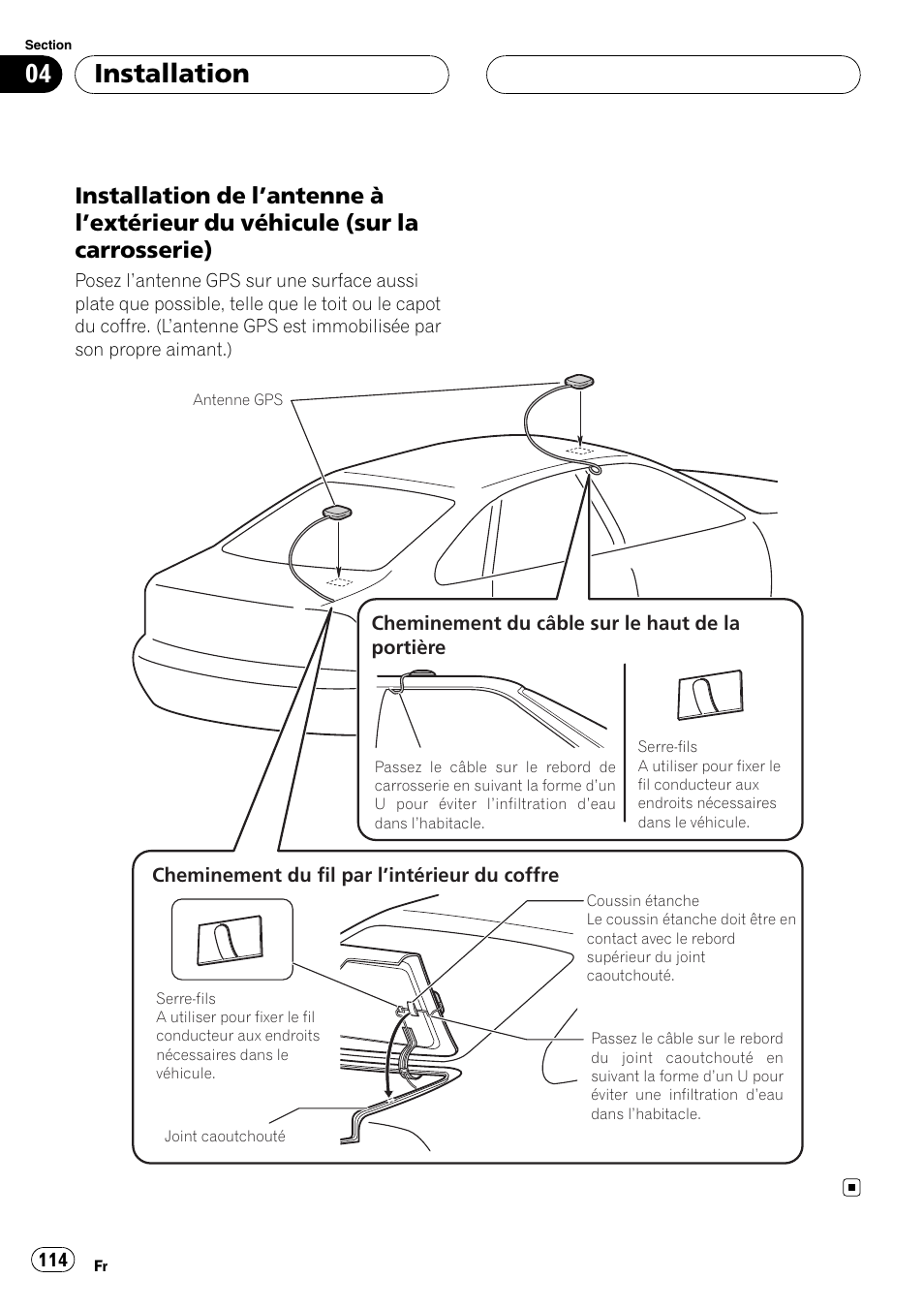 Installation de l’antenne à l’extérieur du, Véhicule (sur la carrosserie), Installation | Pioneer AVIC F900BT User Manual | Page 114 / 177