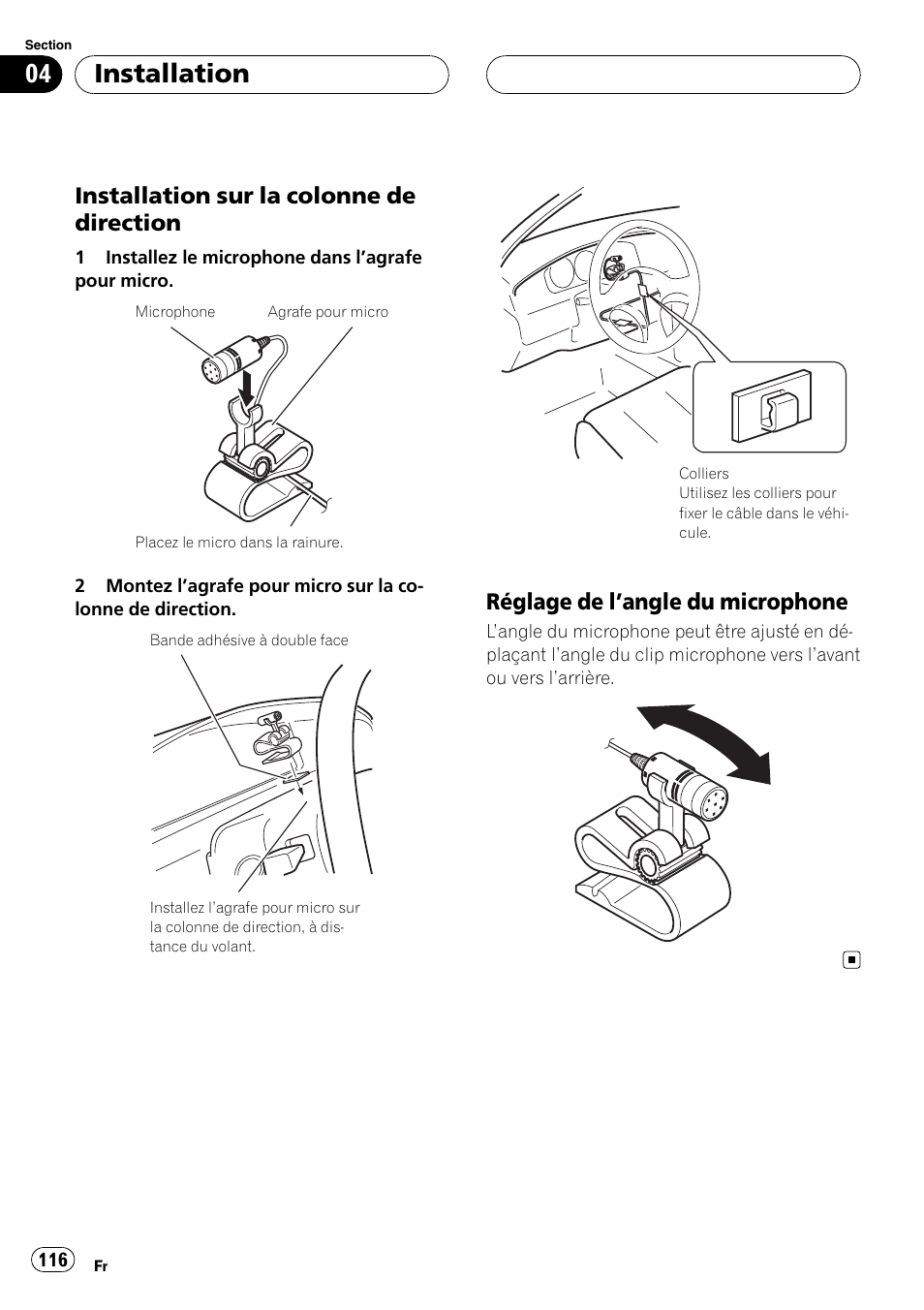 Installation sur la colonne de, Direction, Réglage de l’angle du | Microphone, Installation, Installation sur la colonne de direction, Réglage de l ’angle du microphone | Pioneer AVIC F900BT User Manual | Page 116 / 177