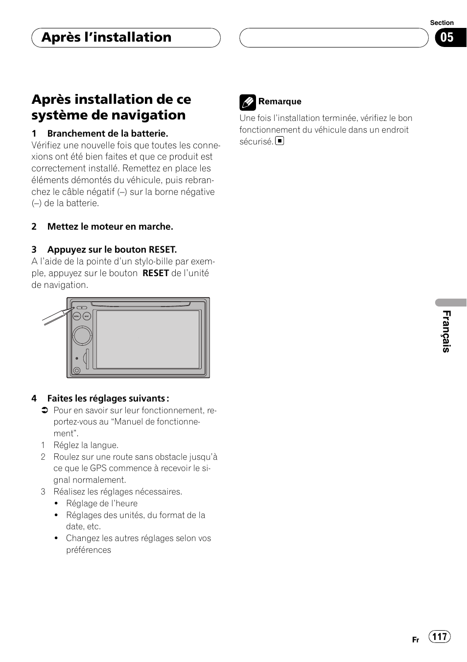 Après l, Installation, Après installation de ce système de | Navigation, Après installation de ce système de navigation, Après l ’installation | Pioneer AVIC F900BT User Manual | Page 117 / 177