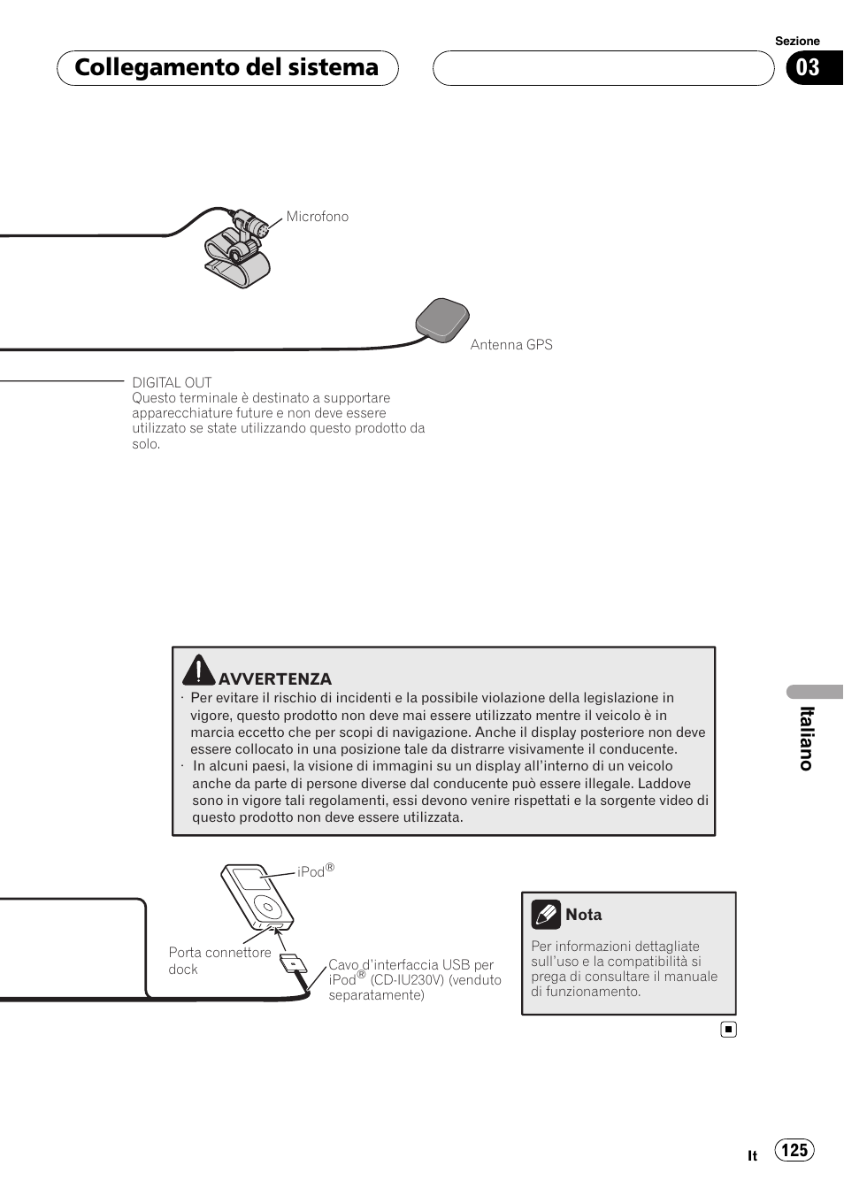 Collegamento del sistema, Italiano | Pioneer AVIC F900BT User Manual | Page 125 / 177