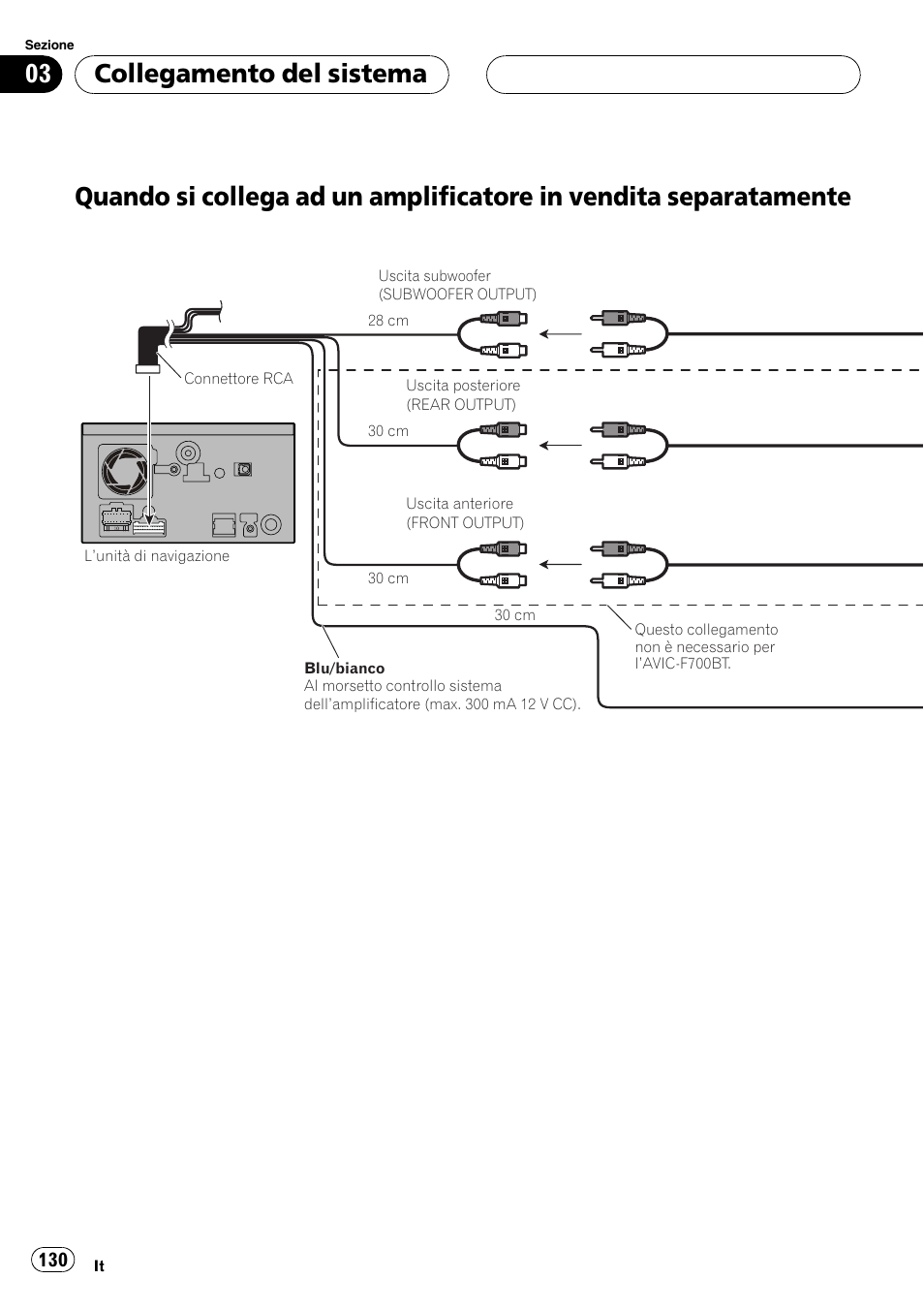 Quando si collega ad un amplificatore in, Vendita separatamente, Collegamento del sistema | Pioneer AVIC F900BT User Manual | Page 130 / 177