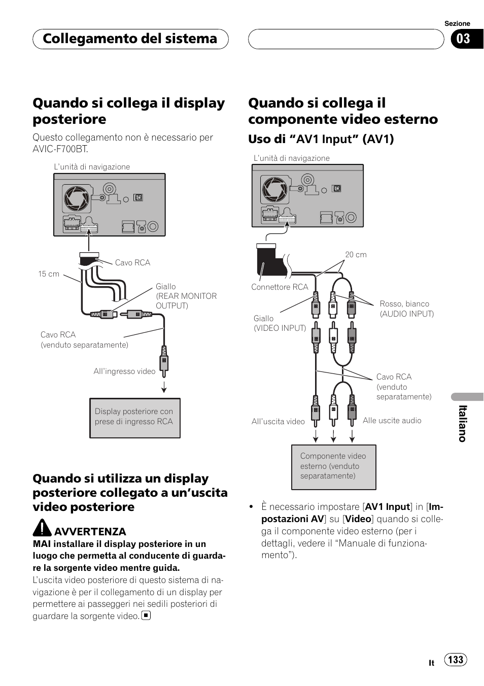 Quando si collega il display posteriore, Quando si utilizza un display posteriore, Collegato a un | Uscita video, Posteriore, Quando si collega il componente video, Esterno, Uso di “av1 input” (av1) 133, Quando si collega il componente video esterno, Collegamento del sistema | Pioneer AVIC F900BT User Manual | Page 133 / 177