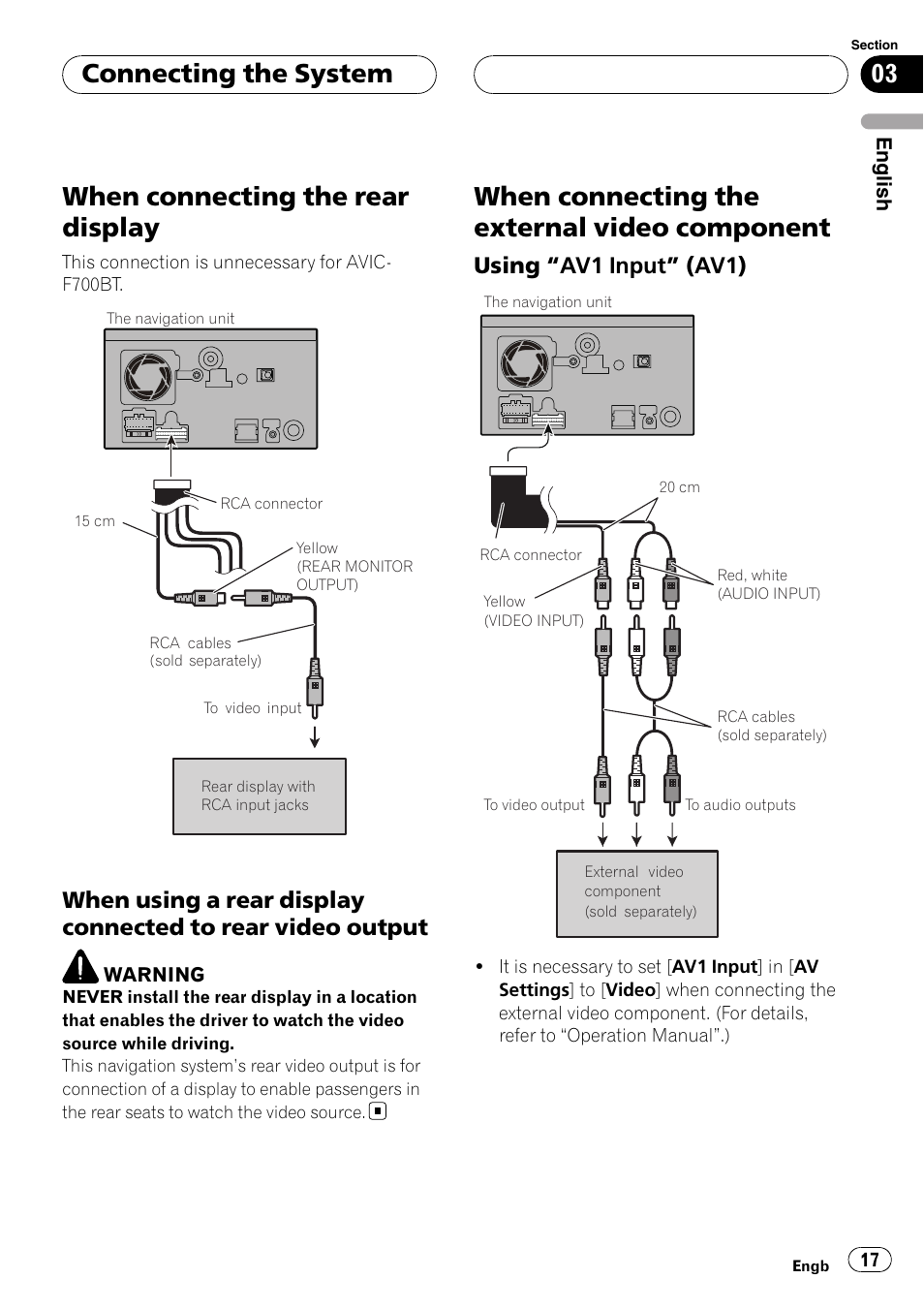 When connecting the rear display, When using a rear display connected to, Rear video output | When connecting the external video, Component, Using “av1 input” (av1) 17, When connecting the external video component, Connecting the system, Using “av1 input” (av1) | Pioneer AVIC F900BT User Manual | Page 17 / 177