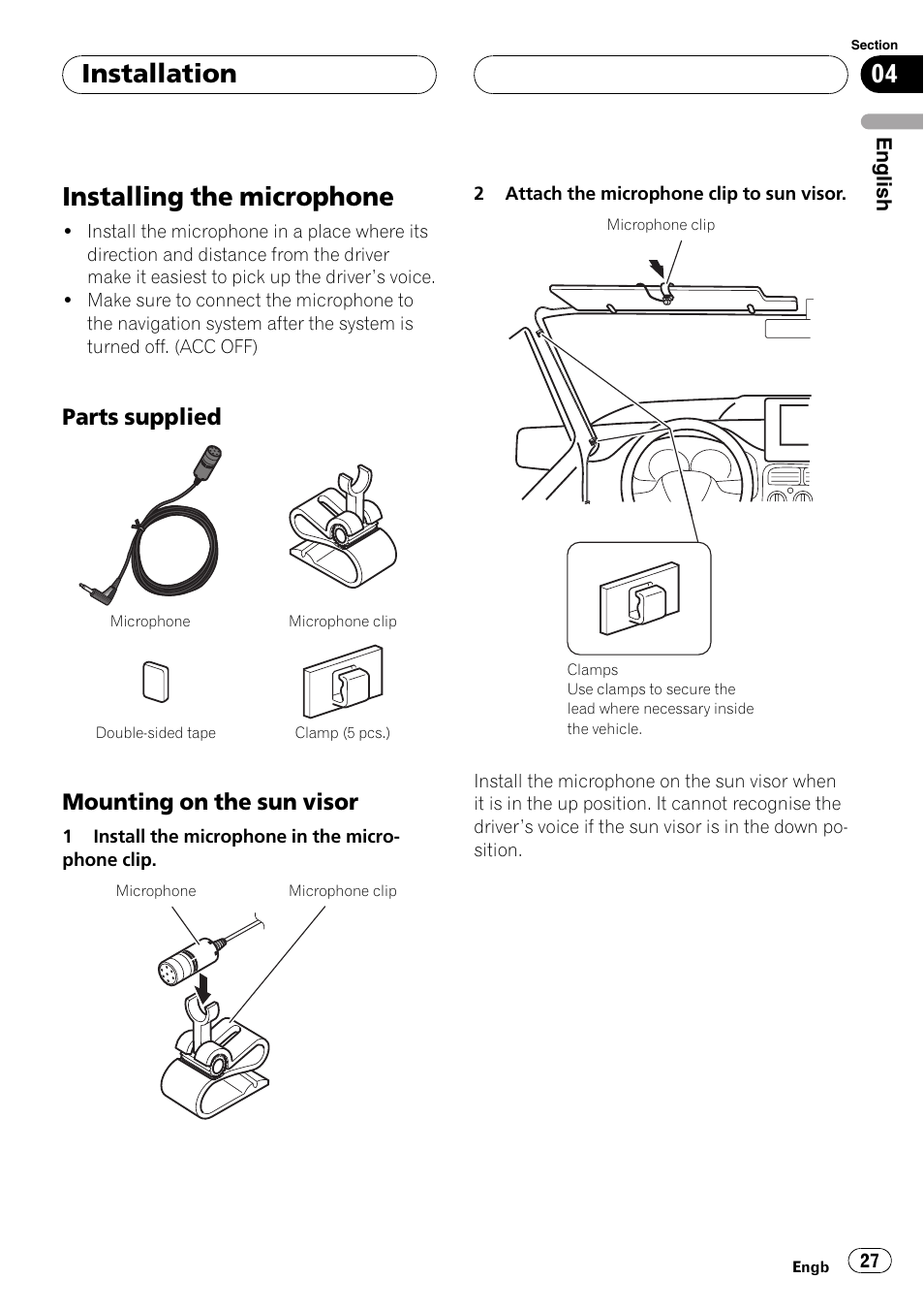 Installing the microphone, Parts supplied 27, Mounting on the sun visor 27 | Installation, Parts supplied, Mounting on the sun visor | Pioneer AVIC F900BT User Manual | Page 27 / 177