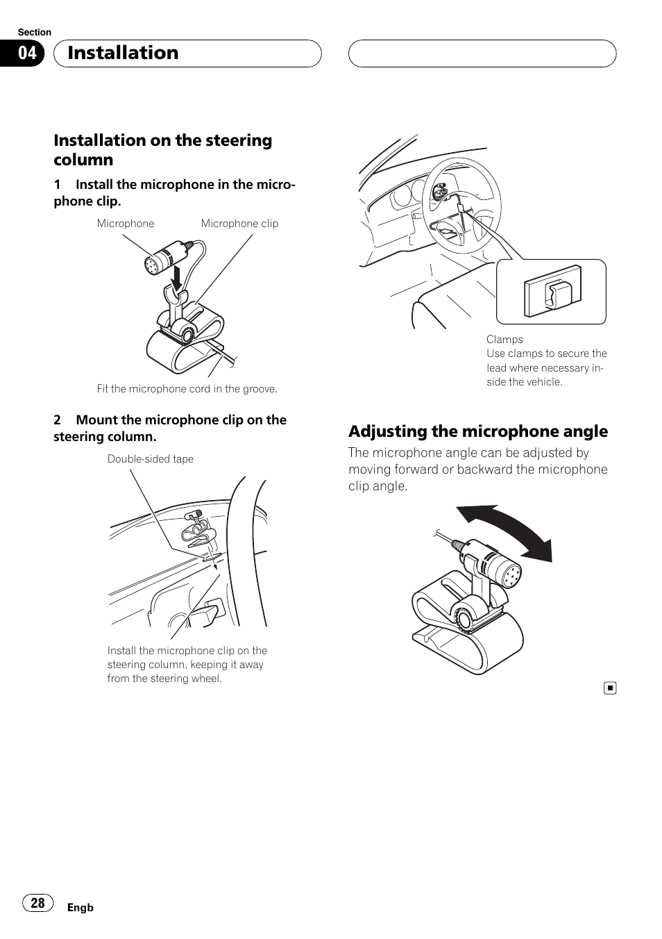 Installation on the steering column 28, Adjusting the microphone angle 28, Installation | Installation on the steering column, Adjusting the microphone angle | Pioneer AVIC F900BT User Manual | Page 28 / 177