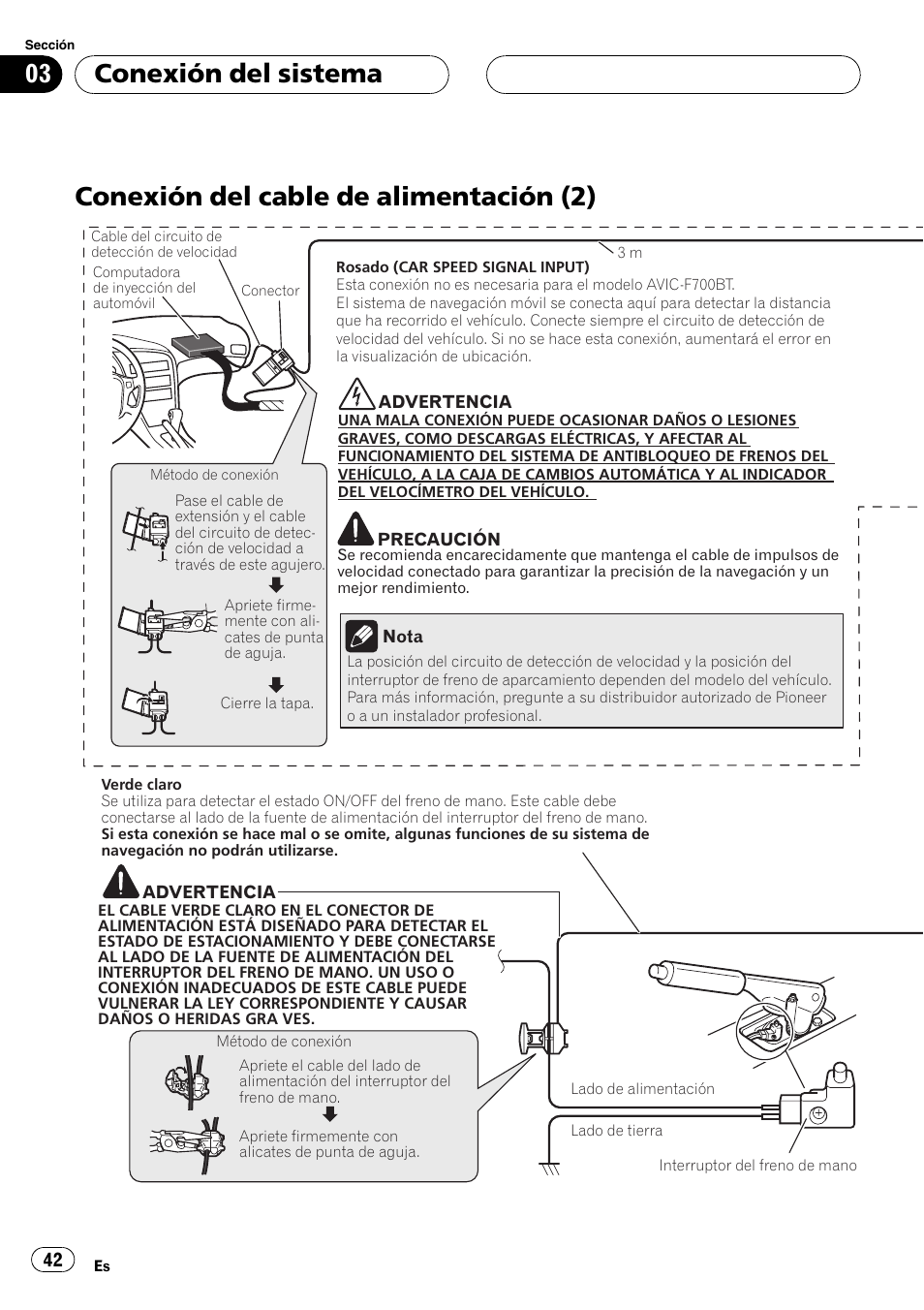 Conexión del cable de alimentación (2), Conexión del sistema | Pioneer AVIC F900BT User Manual | Page 42 / 177