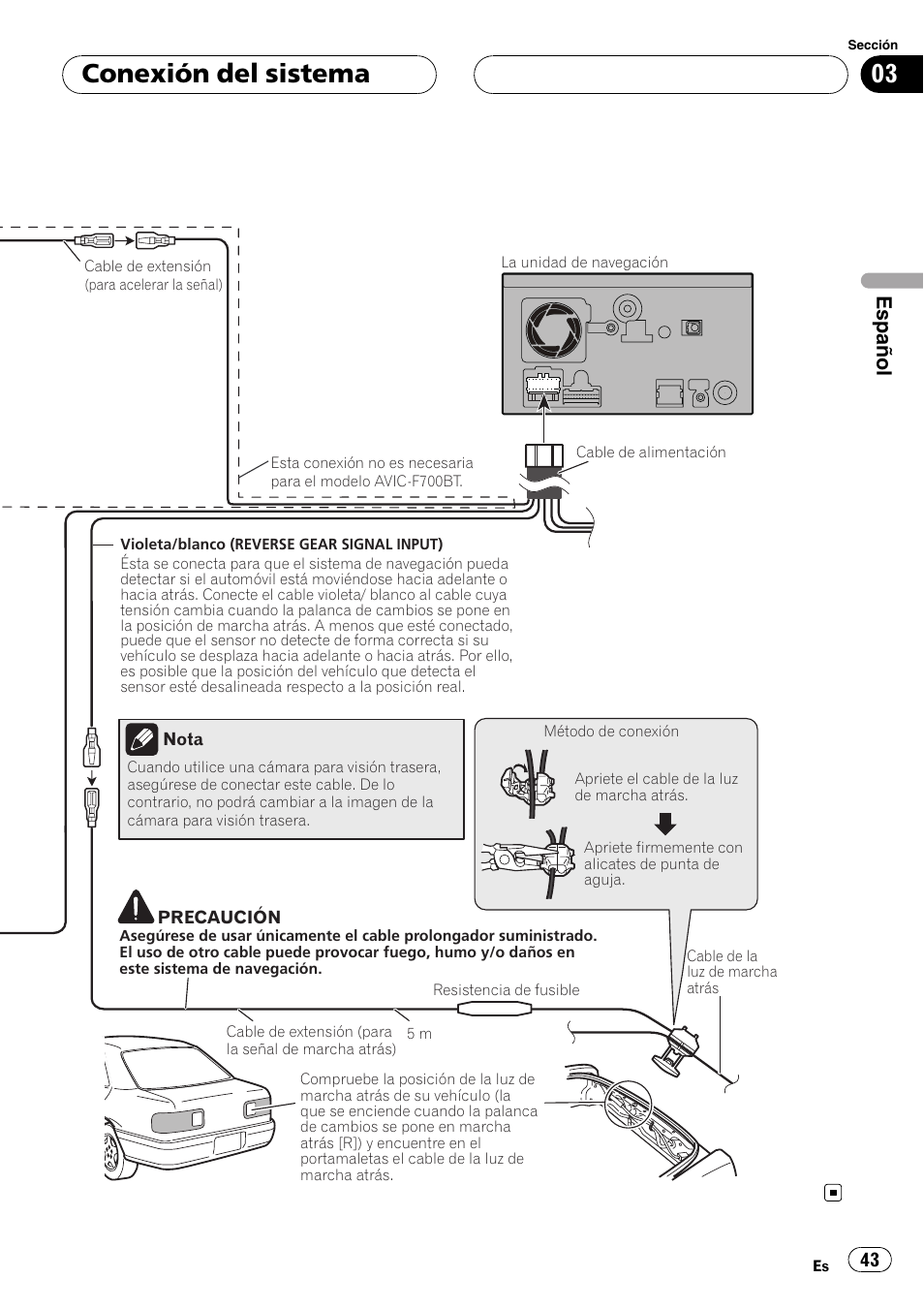 Conexión del sistema, Español | Pioneer AVIC F900BT User Manual | Page 43 / 177