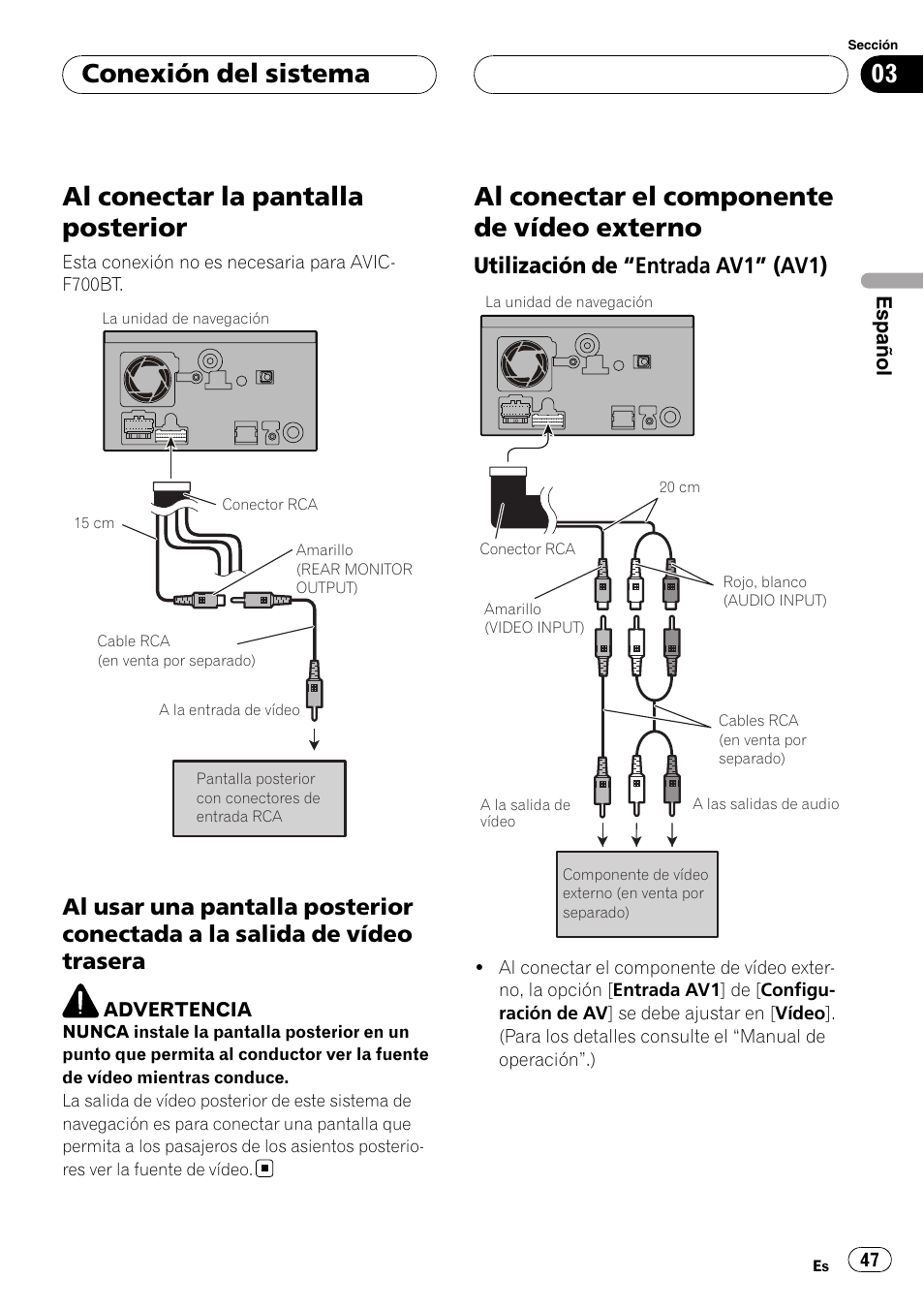 Al conectar la pantalla posterior, Al usar una pantalla posterior, Conectada a la salida de vídeo trasera | Al conectar el componente de vídeo, Externo, Utilización de “entrada av1” (av1) 47, Al conectar el componente de vídeo externo, Conexión del sistema, Utilización de “entrada av1” (av1) | Pioneer AVIC F900BT User Manual | Page 47 / 177