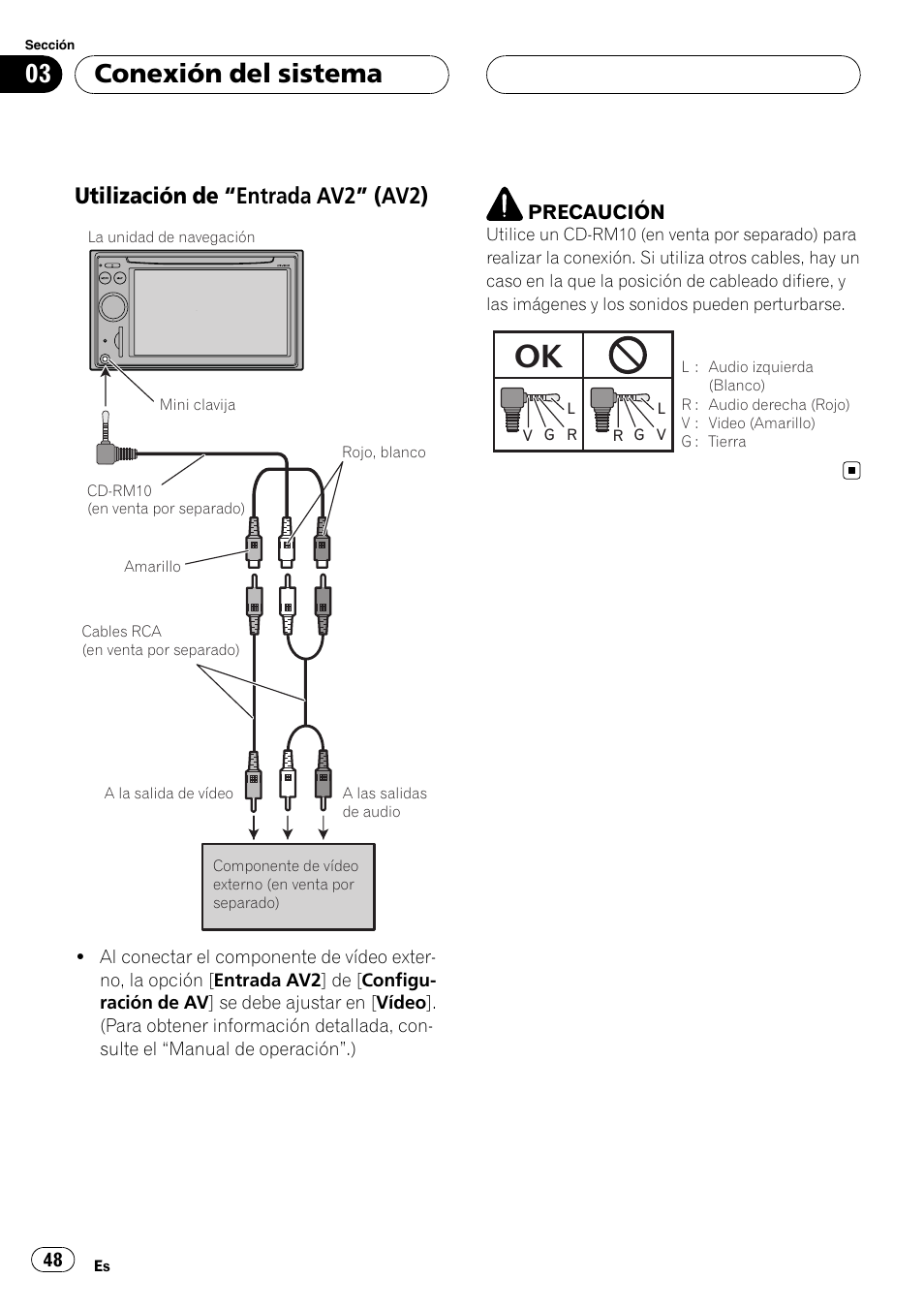 Utilización de “entrada av2” (av2) 48, Conexión del sistema, Utilización de “entrada av2” (av2) | Pioneer AVIC F900BT User Manual | Page 48 / 177