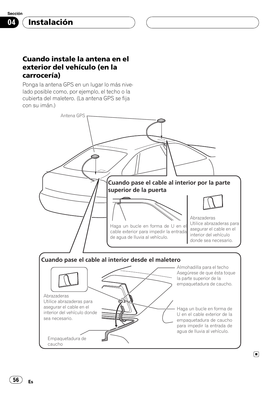 Cuando instale la antena en el exterior, Del vehículo (en la carrocería), Instalación | Pioneer AVIC F900BT User Manual | Page 56 / 177