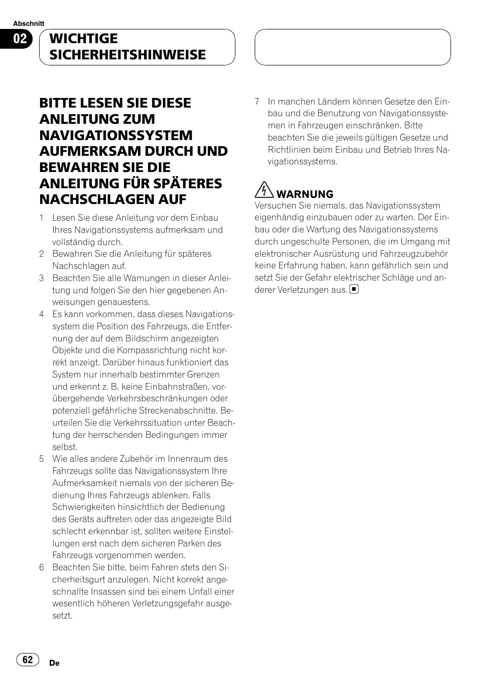 Wichtige sicherheitshinweise | Pioneer AVIC F900BT User Manual | Page 62 / 177