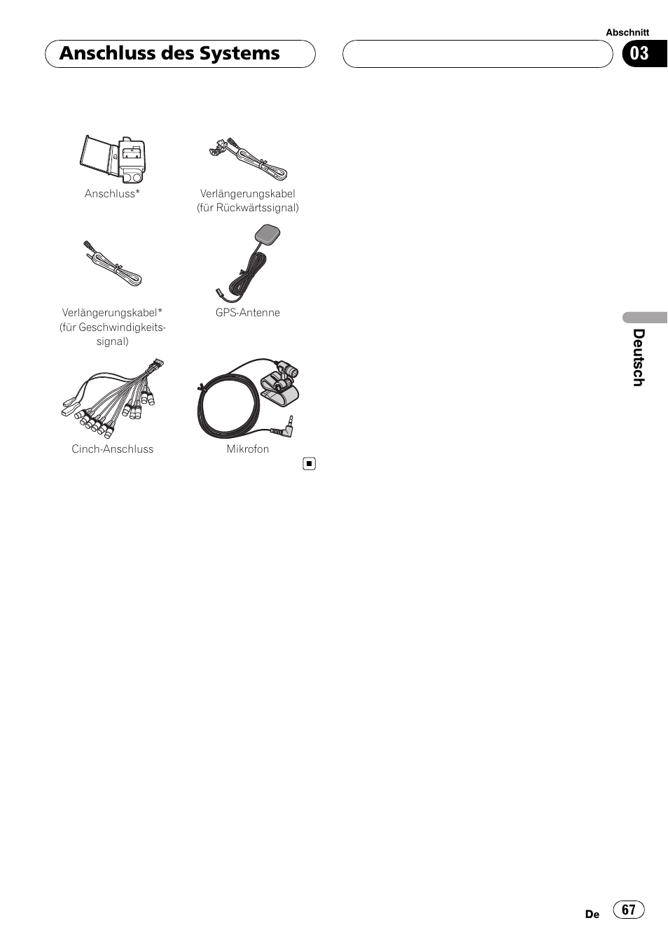 Anschluss des systems, Deutsch | Pioneer AVIC F900BT User Manual | Page 67 / 177