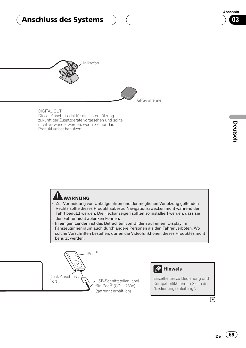 Anschluss des systems, Deutsch | Pioneer AVIC F900BT User Manual | Page 69 / 177