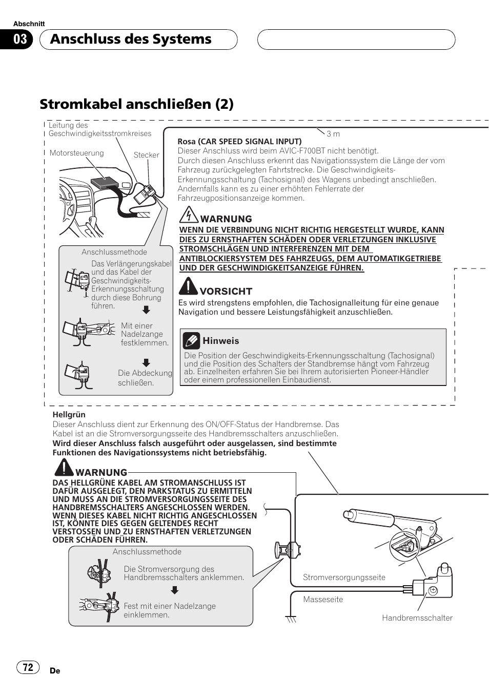 Stromkabel anschließen (2), Anschluss des systems | Pioneer AVIC F900BT User Manual | Page 72 / 177