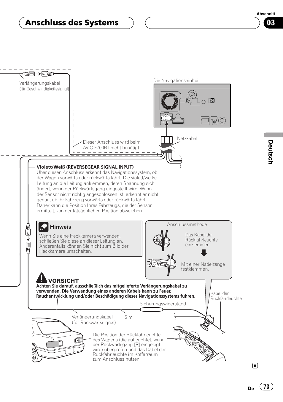 Anschluss des systems, Deutsch | Pioneer AVIC F900BT User Manual | Page 73 / 177