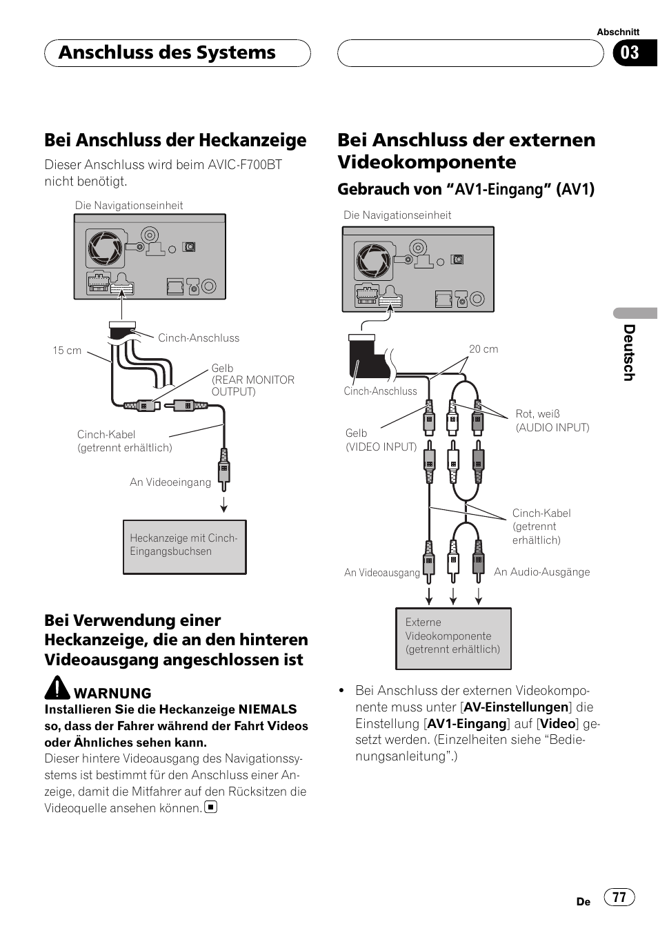 Bei anschluss der heckanzeige, Bei verwendung einer heckanzeige, die, An den hinteren videoausgang angeschlossen ist | Bei anschluss der externen, Videokomponente, Gebrauch von “av1-eingang” (av1) 77, Bei anschluss der externen videokomponente, Anschluss des systems, Gebrauch von “av1-eingang” (av1) | Pioneer AVIC F900BT User Manual | Page 77 / 177