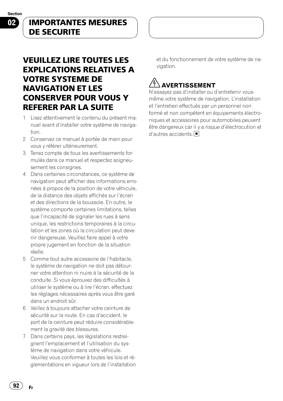 Importantes mesures de securite | Pioneer AVIC F900BT User Manual | Page 92 / 177