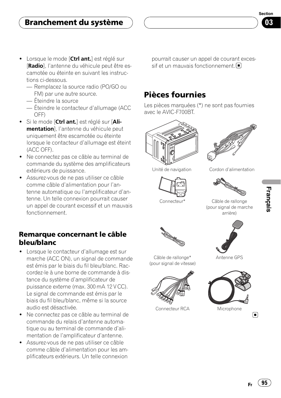 Remarque concernant le câble bleu, Blanc, Pièces fournies | Branchement du système, Remarque concernant le câble bleu/blanc | Pioneer AVIC F900BT User Manual | Page 95 / 177