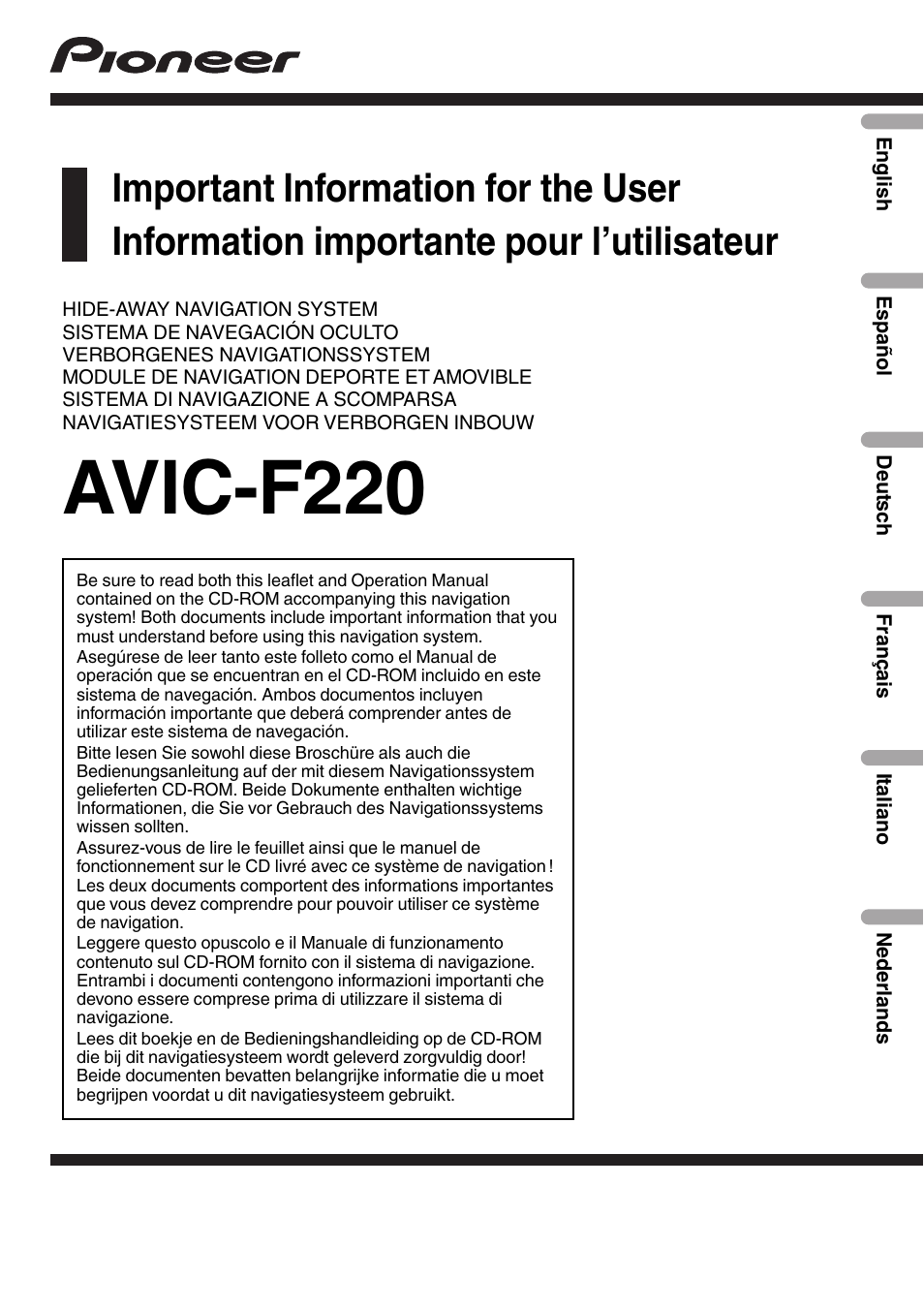 Pioneer AVIC-F220 User Manual | 124 pages