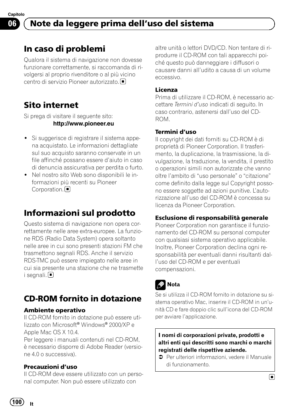 Note da leggere prima dell, Uso del, Sistema in caso di problemi | Sito internet, Informazioni sul prodotto, Cd-rom fornito in dotazione | Pioneer AVIC-F220 User Manual | Page 100 / 124