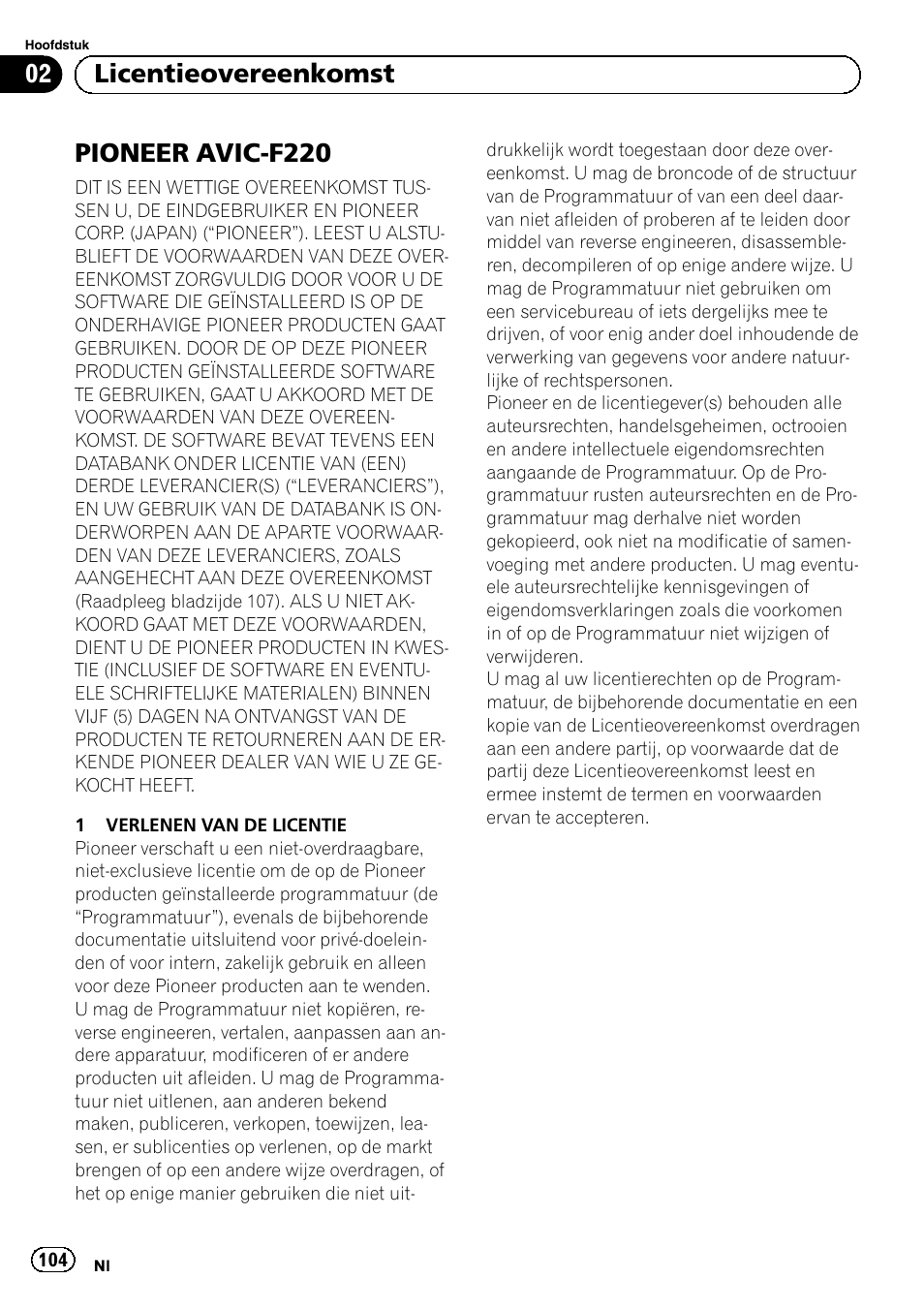 Licentieovereenkomst pioneer avic-f220, Pioneer avic-f220, 02 licentieovereenkomst | Pioneer AVIC-F220 User Manual | Page 104 / 124