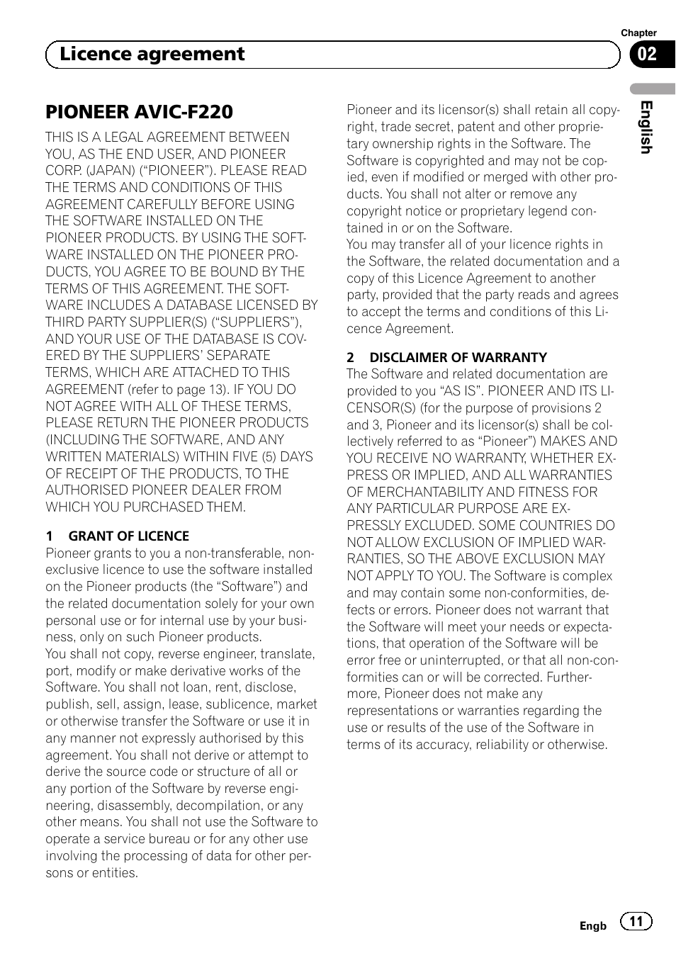 Licence agreement pioneer avic-f220, Pioneer avic-f220, 02 licence agreement | Pioneer AVIC-F220 User Manual | Page 11 / 124