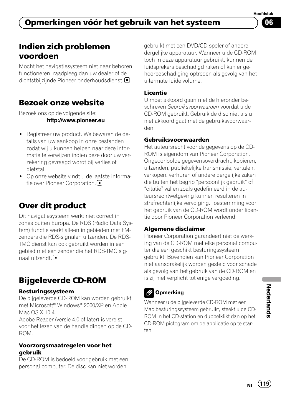 Bezoek onze website, Over dit product, Bijgeleverde cd-rom | Indien zich problemen voordoen, 06 opmerkingen vóór het gebruik van het systeem | Pioneer AVIC-F220 User Manual | Page 119 / 124