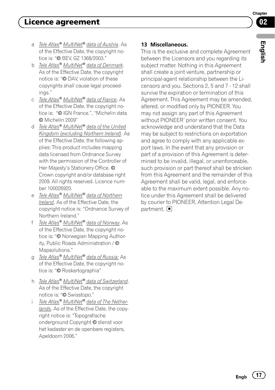 02 licence agreement, English | Pioneer AVIC-F220 User Manual | Page 17 / 124