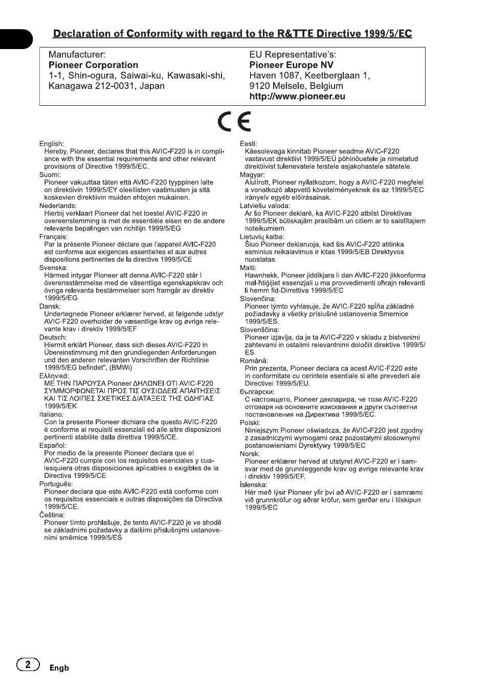 Pioneer AVIC-F220 User Manual | Page 2 / 124