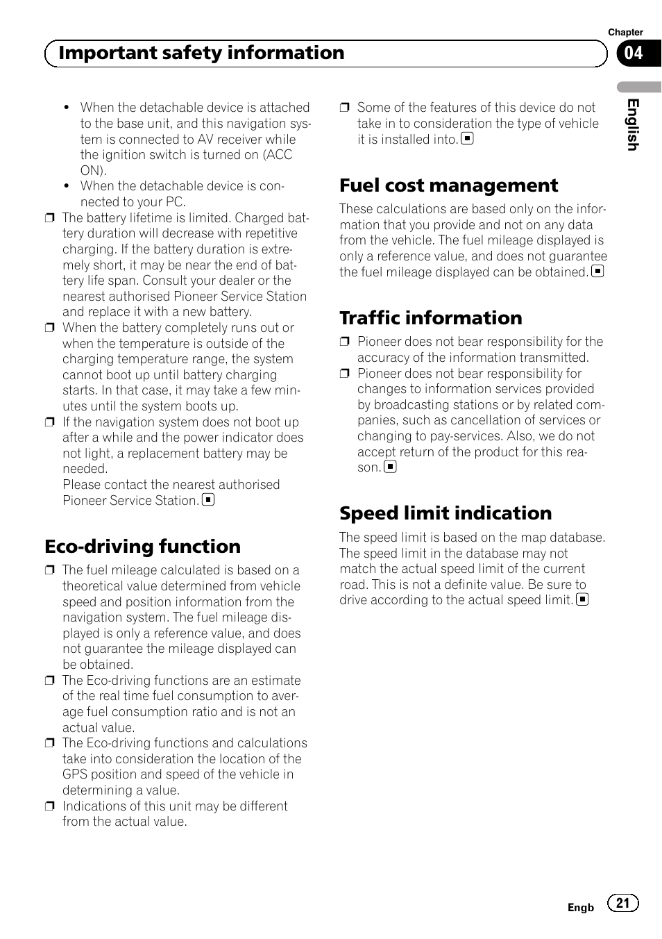 Eco-driving function, Fuel cost management, Traffic information | Speed limit indication, 04 important safety information | Pioneer AVIC-F220 User Manual | Page 21 / 124