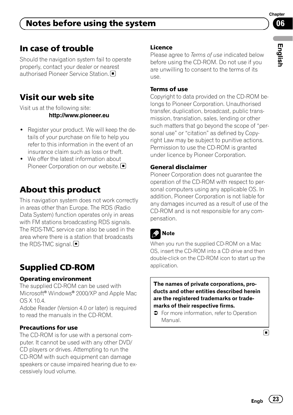 Notes before using the system in case of trouble, Visit our web site, About this product | Supplied cd-rom | Pioneer AVIC-F220 User Manual | Page 23 / 124