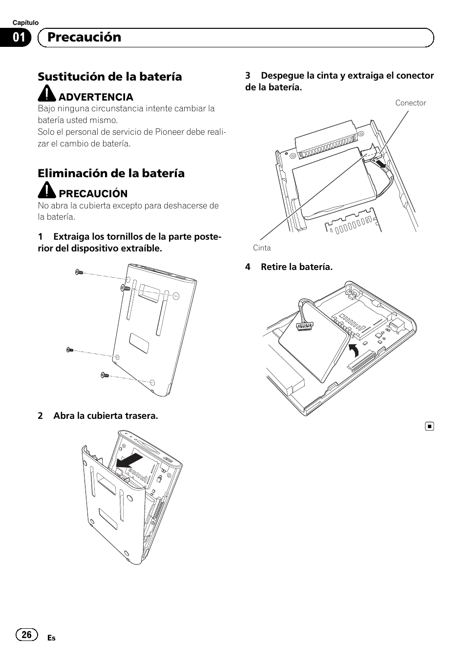 Sustitución de la batería 26, Eliminación de la batería 26, 01 precaución | Sustitución de la batería, Eliminación de la batería | Pioneer AVIC-F220 User Manual | Page 26 / 124