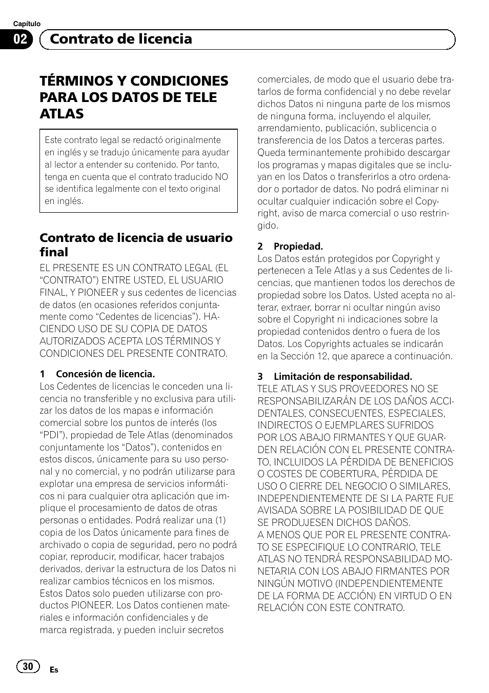 Términos y condiciones para los, Datos de tele atlas, Contrato de licencia de usuario | Final, 02 contrato de licencia | Pioneer AVIC-F220 User Manual | Page 30 / 124