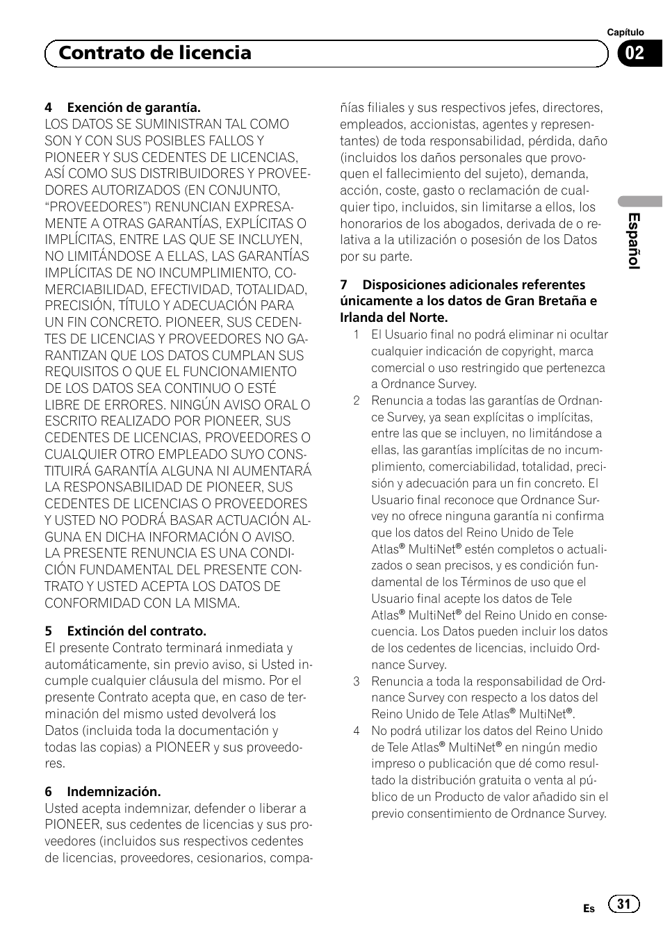 02 contrato de licencia, Español | Pioneer AVIC-F220 User Manual | Page 31 / 124